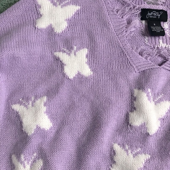 Cute Just Polly Purple Butterfly Cropped Distressed Sweater - Picture 5 of 11